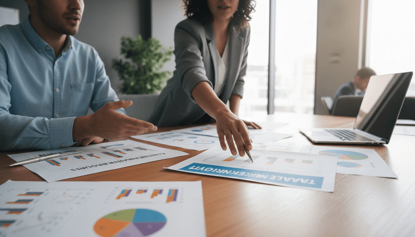 Marketing professionals reviewing trade strategy and customer data during strategy session