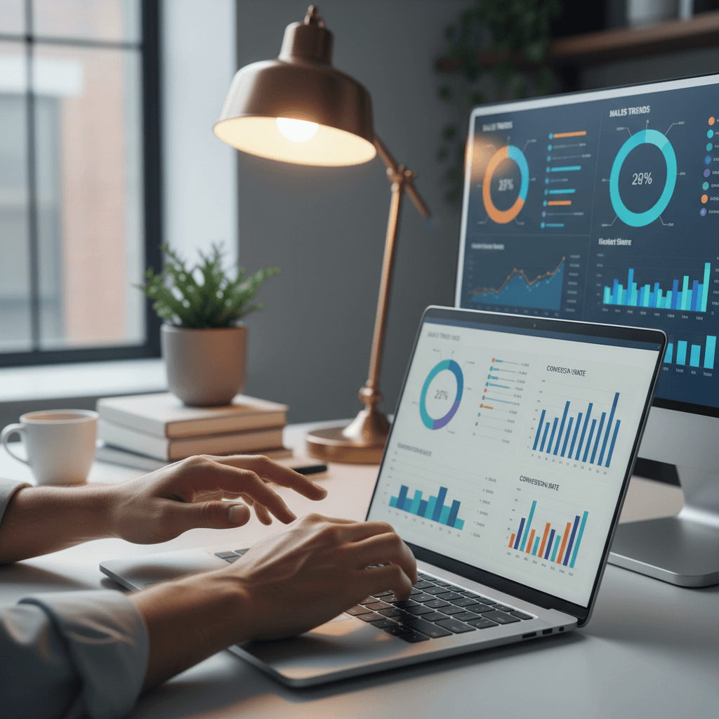 Data analyst reviewing marketing performance metrics on computer dashboard