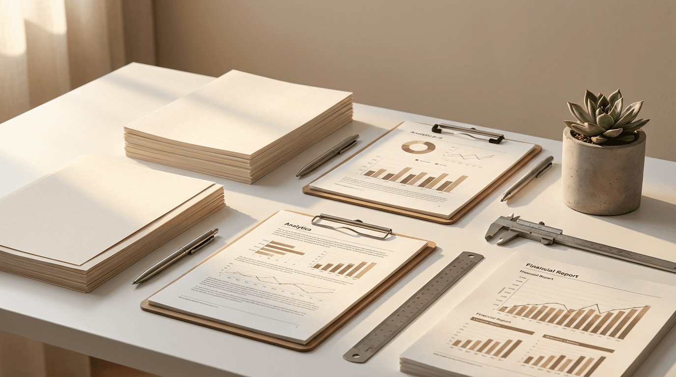 Performance reports and dashboard summaries laid out on desk