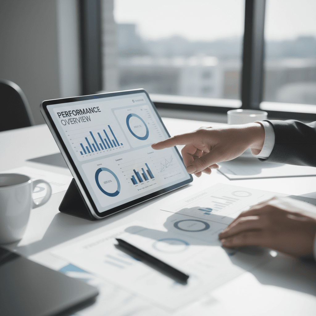 Hand pointing at analytics dashboard on tablet screen