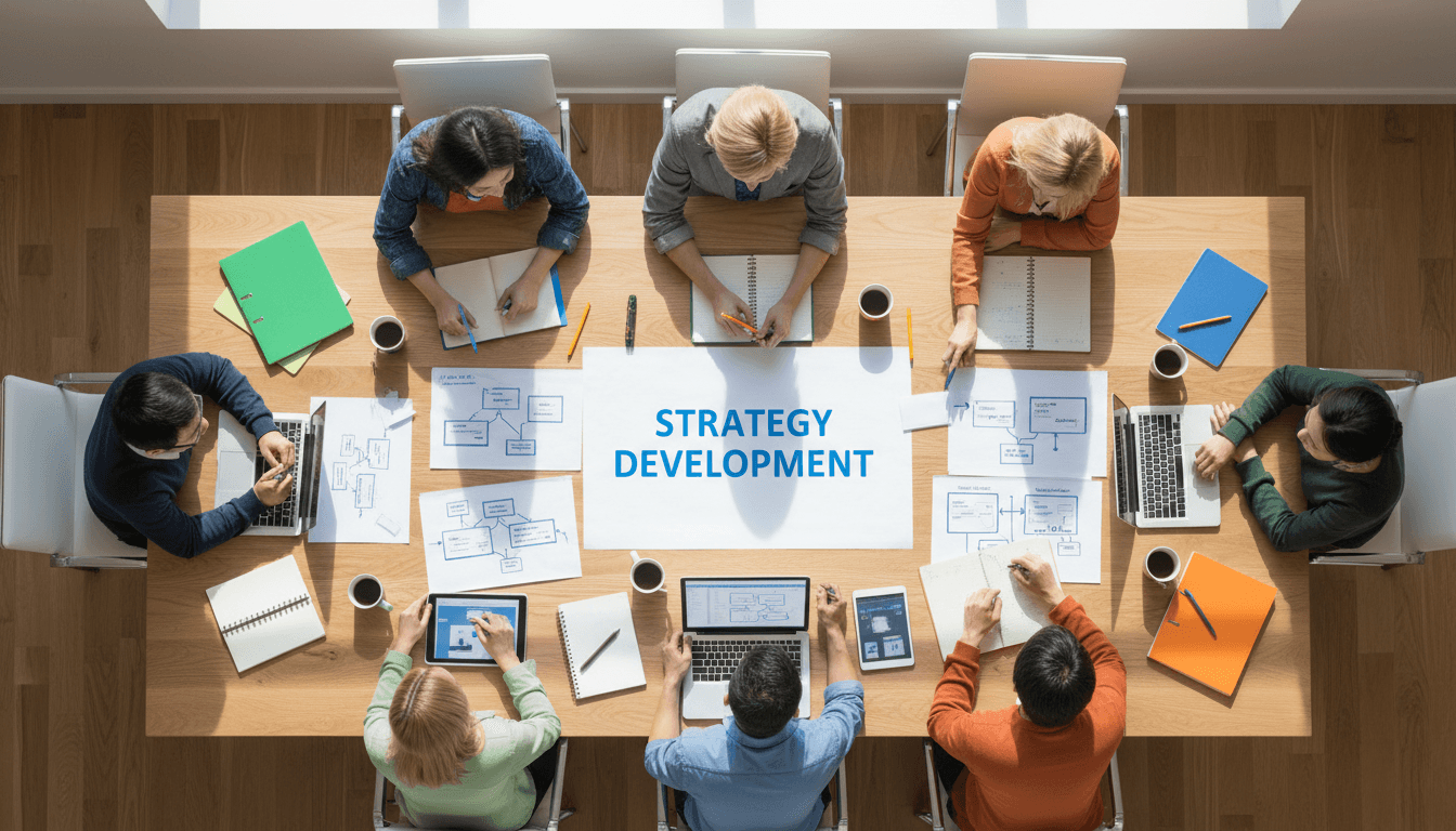 Team collaborating on strategy documents at conference table